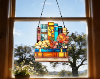 Floral Books Acrylic Suncatcher, Faux Stained Glass Window Decor