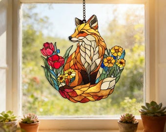 Fox in Flowers Suncatcher, Acrylic Floral Window Hanging, Faux Stained Glass Window Decor, Flower Lover Gift, Fox Window Hangings