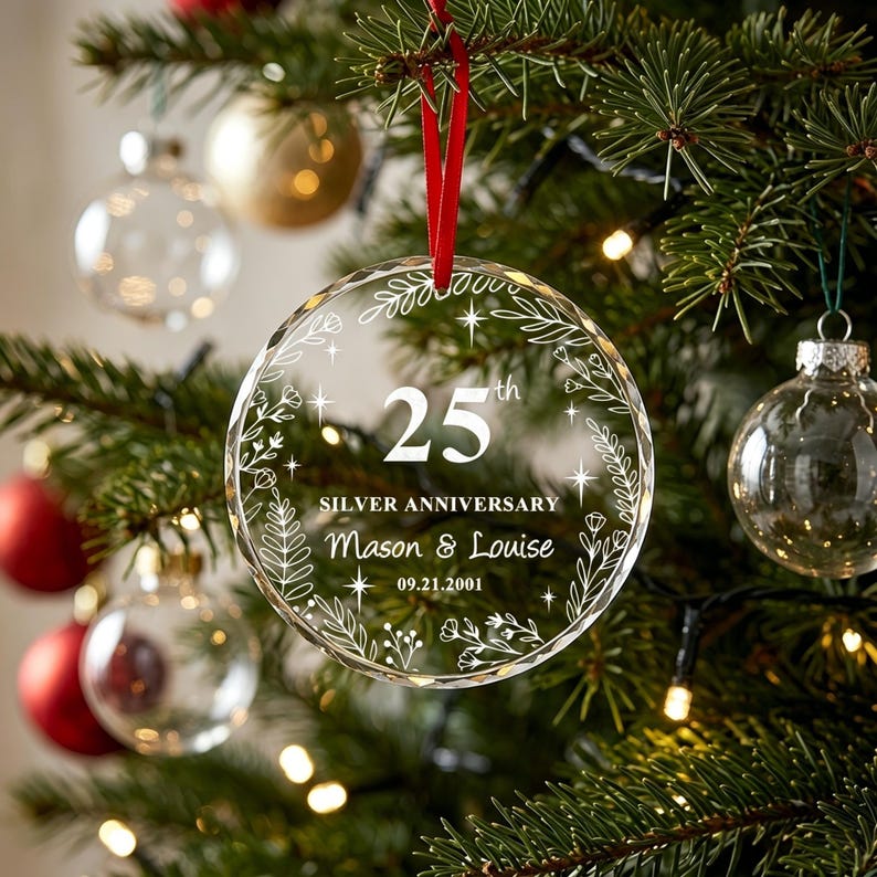 Personalisierte Silber 25. Jahrestag Glas Ornament, 25. Hochzeitstag Geschenk, Benutzerdefinierte Weihnachtsdekoration, Geschenk für Eltern Ehemann Frau Bild 8