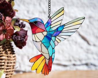Hummingbird Acrylic Suncatcher Stained Glass Style, Nature Inspired Window Light Catcher, Stained Glass Art, Flying Bird Window Decor