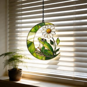 Green Frog on Moon Suncatcher, Daisy Acrylic Light Catcher, Window Hanging art, Wall Hanging Decor, Animal Inspired Stained Glass Style Art