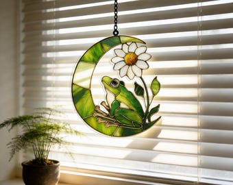 Green Frog on Moon Suncatcher, Daisy Acrylic Light Catcher, Window Hanging art, Wall Hanging Decor, Animal Inspired Stained Glass Style Art