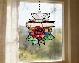 Acrylic Suncatcher, Coffee, Books, Rose Faux Stained Glass Window Hanging, Gift for Mom