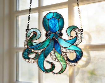 Octopus Suncatcher, Acrylic Window Hanging Ornament, Window Suncatcher Decor, Blue Octopus, Faux Stained Glass Decor, Wildlife Lover Gift