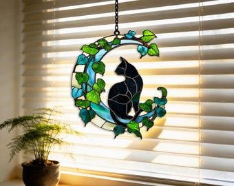 Acrylic Black Cat on Plants Moon Suncatcher, Stained Glass Style Light Catcher, Plants Window Hanging, Cat Lover Gift, Cat Acrylic Ornament