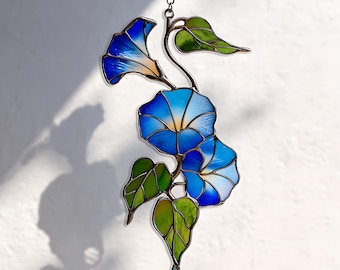 Blue Morning Glory Acrylic Suncatcher, Boho Window Ornament