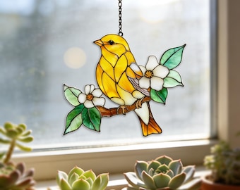 Acrylic Bird Suncatcher, Stained Glass Style, Yellow Bird Window Hanging