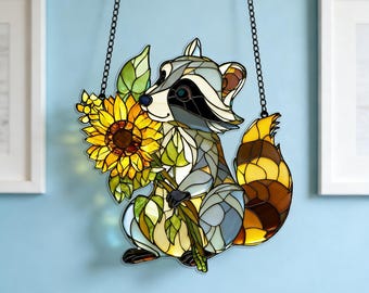 Atrapasueños de girasol con mapache, vitral acrílico de imitación para colgar en la ventana
