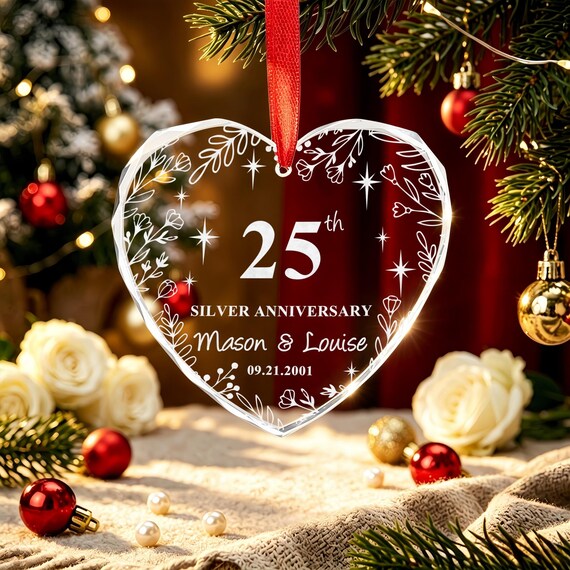 Personalized Silver 25th Anniversary Glass Ornament, 25th Wedding Anniversary Gift, Custom Christmas Decor, Gift for Parents Husband Wife