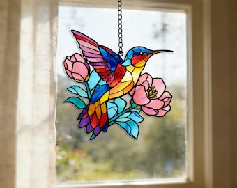 Hummingbird on Flowers Suncatcher, Acrylic Light Catcher, Stained Glass Style Window Hanging, Nature Inspired Window Decor, Gift for Mom