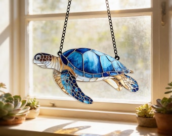 Sea Turtle Suncatcher, Faux Stained Glass Window Hanging, Acrylic Tropical Decor