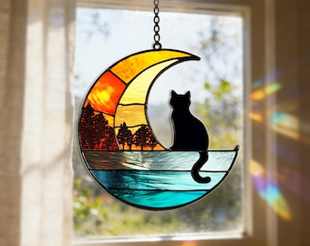 Acrylic Cat Suncatcher, Black Cat on Moon, Window Decor