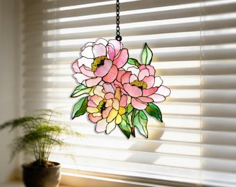 Peony Suncatcher, Faux Stained Glass Window Hanging, Acrylic Botanical Decor