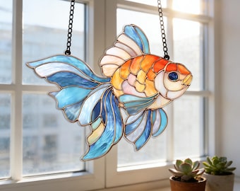 Gold Fish Suncatcher, Acrylic Swimming Fish Ornament, Faux Stained Glass Window Hanging