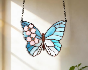 Cherry Blossom Butterfly Suncatcher, Acrylic Faux Stained Glass Window Hanging
