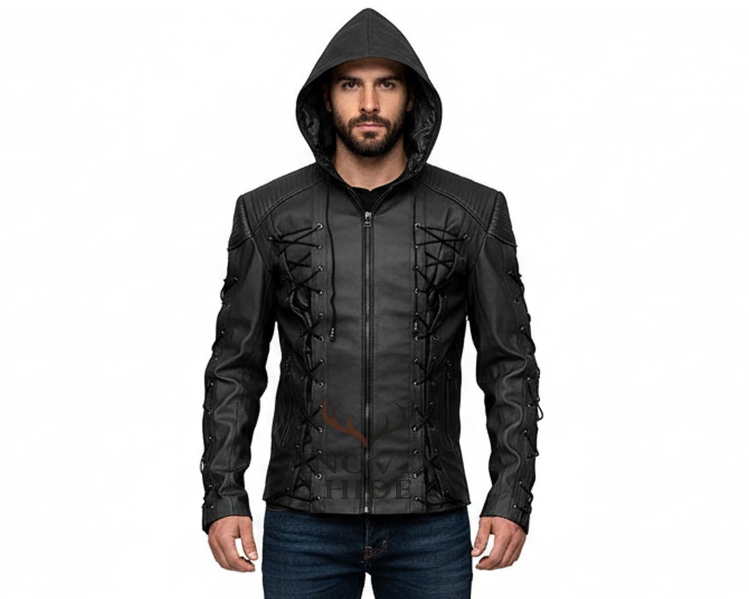 Intimidating Jacket Men's Black Hooded Leather Jacket | Arrow Inspired Vigilante Costume ...