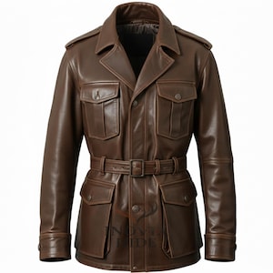 Jaqueta de couro marrom estilo campo | Casaco safari militar masculino | Jaqueta de couro legítimo com cinto | Presente de moda vintage para atividades ao ar livre para ele