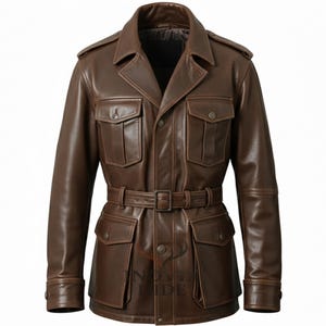 Könnte beinhalten: Braune Lederjacke mit Gürtel, vier Vordertaschen und Kragen. Die Jacke hat Schulterklappen und geknöpfte Manschetten. Das Leder hat eine glatte Textur und einen warmen, satten Farbton.