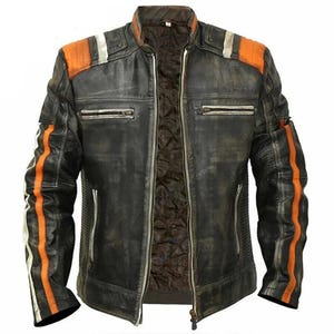 Distressed Black Leather Motorcycle Jacket | Men’s Café Racer Coat | Racing Stripe Moto Jacket | Vintage Biker Gift