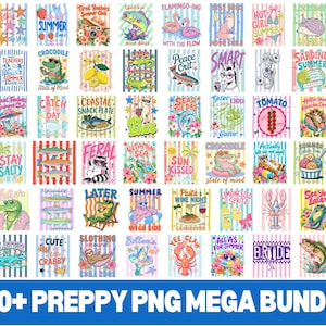 May include: A digital collection of over 300 colourful graphic designs featuring various summer-themed illustrations, animals, and text phrases like 'Summer Time', 'Coastal Snack Plate', and 'Cute but a little crabby' on striped backgrounds.