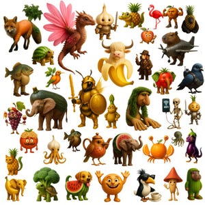 May include: A collection of whimsical cartoon characters, including a fox, dragon, and various anthropomorphic fruits and vegetables. The characters are rendered in vibrant colors and playful designs, suitable for children's products.