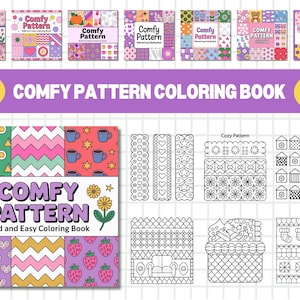 May include: A collection of "Comfy Pattern" coloring books with various cover designs. The image also displays sample coloring pages with patterns and the text "Comfy Pattern Coloring Book" and "Bold and Easy Coloring Book".