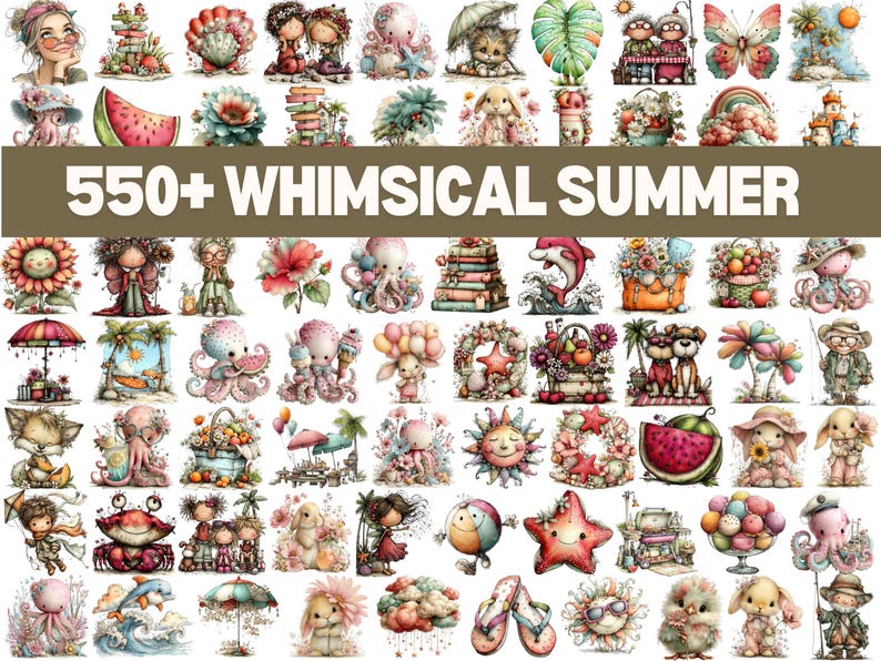 Whimsical Summer Clipart Bundle, Coastal Beach Art, Euro Vacation PNG ...
