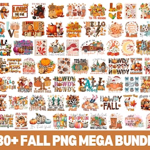 Op de afbeelding: Een digitale collectie van 730+ herfstthema grafische ontwerpen met pompoenen, herfstbladeren, vrachtwagens, kabouters en seizoensgebonden teksten zoals 'Hello Fall' en 'Howdy Fall'. De afbeeldingen tonen een variëteit aan oranje en bruine tinten.