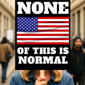 May include: A sign featuring the American flag and the text "NONE OF THIS IS NORMAL" in white on a black background. The sign is held up in a street setting, with people in the background.