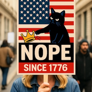 May include: A sign held by a person with a black cat illustration, American flag, and the words "NOPE SINCE 1776". The cat is pointing at a golden crown. The sign is held up in a crowd.