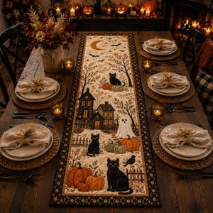 May include: A rectangular fabric table runner featuring a Halloween-themed print with black cats, pumpkins, a ghost, houses, and a crescent moon. The runner has a dark floral border and is centered on a wooden dining table with place settings.