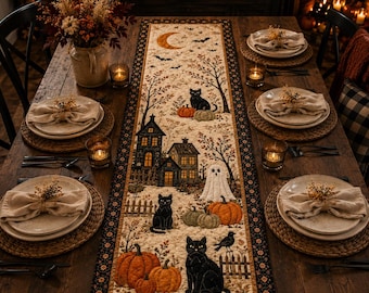 May include: A rectangular fabric table runner featuring a Halloween-themed print with black cats, pumpkins, a ghost, houses, and a crescent moon. The runner has a dark floral border and is centered on a wooden dining table with place settings.
