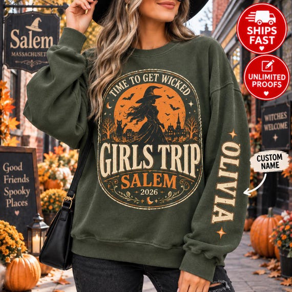 Custom Name Girls Trip Shirts Salem Shirts Matching Sweatshirt,Vintage  Halloween Trip to Salem Tee,Massachusetts Time to Get Wicked Witches