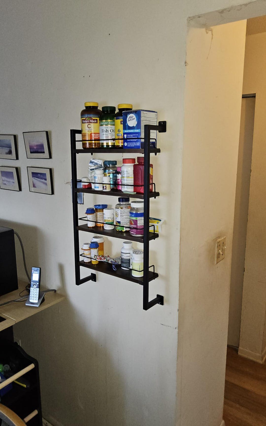 4 Tier Wall Mount Spice Rack Organizer – Black Metal, Wood Shelves ...
