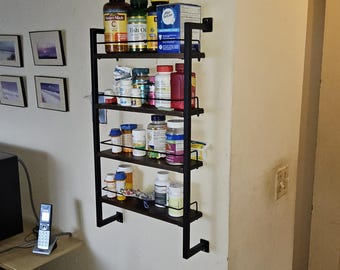 4 Tier Wall Mount Spice Rack Organizer – Black Metal, Wood Shelves, Space Saving Kitchen
