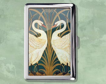 Swan Rush and Iris Vintage Metal Cigarette Case Art Nouveau Storage Box Wallet Business Card Holder