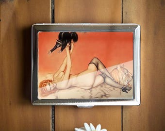 Pin up Katze und Mädchen Vintage Metall Zigarettenetui Jugendstil Metall Geldbörse Aufbewahrungsbox Brieftasche Visitenkartenhalter
