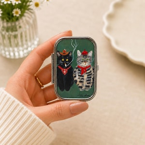 Mini Wyatt cat cowboy and French cat Pill Box Gift Medication Box Vitamin Container Custom Pill Box Pill Organizer
