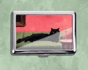 Estuche de metal vintage para cigarrillos con diseño de gato bebiendo, estilo Art Nouveau, caja de almacenamiento, cartera y tarjetero.