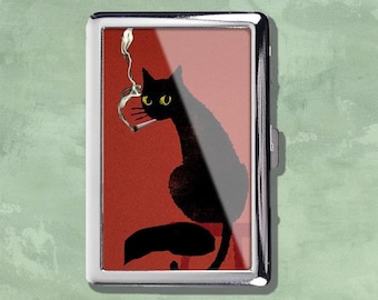 Smoking Cat Good Morning Vintage Metal Cigarette Case Art Nouveau Storage Box Wallet Business Card Holder