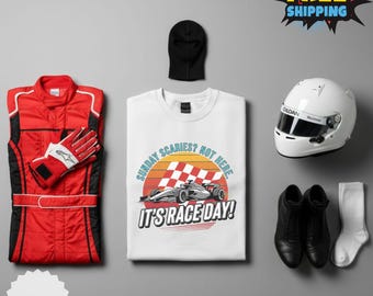 May include: A white t-shirt with a race car graphic and the text "SUNDAY SCARIES? NOT HERE. IT'S RACE DAY!". The image also includes a red racing suit, gloves, a helmet, shoes, socks, and a black balaclava.