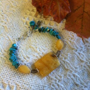 Carnelian Turquoise and Smoky Quartz Hand Made Beaded Bracelet Yellow Aqua Brown Gemstone Sterling Silver Winter Jewelry Adjustable Clasp