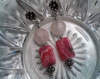 Rose Quartz and Rhodochrosite Earrings Pink and Rose Handmade Earrings Woodland Boho Style Floral Jewelry Wedding Shower Festival Gift