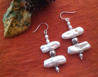 White Pearl Freeform Earrings Boho Style Stick Pearl Jewelry With Fine Hill Tribes Sterling Silver Floral Beads Wedding Fall Winter Earrings