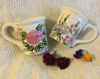 Floral Ceramic Mugs NanTucket Vintage Hand Painted Large Cups With Purple Pink Yellow Flowers and Green Leaves Set of 2 Hostess Spring Gift