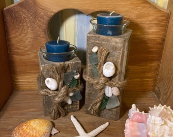 Beach Style Wood Candle Holders With Nautical Coastal Shell and Seaglass Accents Handmade Home Decor Rustic Wood and Rope Votives Set of 2