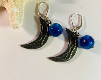 Earth and Moon Earrings Blue Planet and Crescent Moon Celestial Universe Statement Jewelry Sterling Silver Pewter Lapis Lazuli Gemstones