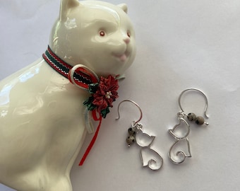 Silver Cat Earrings Handmade Feline Dangle Earrings Accented By Black and White Spotted Dalmation Jasper Gemstone Beads Cat Mom Lover Gift