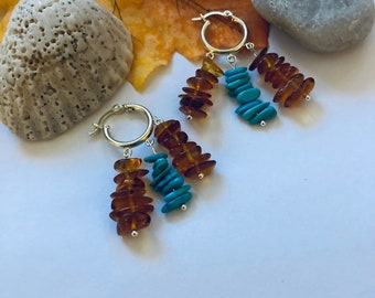 Baltic Amber and Kingman Turquoise Earrings Honey Brown and Aqua Gemstone Beads Handmade With Sterling Silver Chandelier Latch Backs Boho