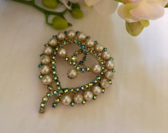 Pearl and Aurora Borealis Heart Brooch Victorian Style Vintage White and Blue Romantic Pin Wedding Engagement Shower Valentines Day Gift